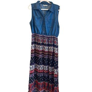 Denim patchwork shirtdress Floral western country midi modest Boho Farmhouse